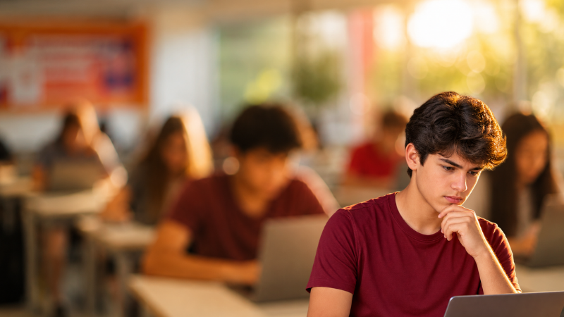 Estudante concentrado realizando avaliação digital em sala de aula